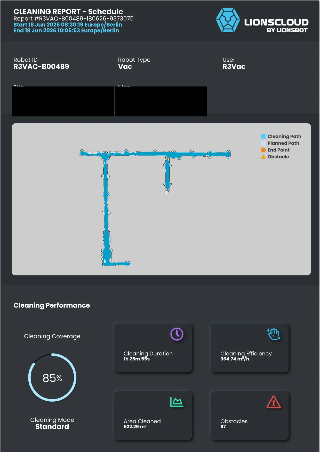 LionsCloud Cleaning Report: R3 Vac, 85 % Abdeckung, 522,29 m² – Standort geschwärzt